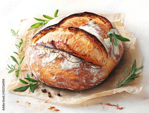 Clipart of a naturally leavened sourdough bread with a deeply caramelized golden-brown crust and visible air pockets Concept The perfect bake