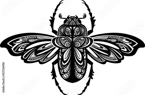 Detailed beetle illustration for tattoo design and insect art graphic black and white drawing style editable stock vector illustration