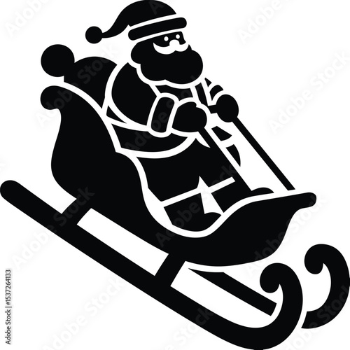 Santa claus silhouette riding in a sleigh with reins on a snowy slope ready to deliver presents