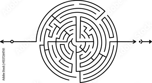 Find the solution to this circular maze puzzle game strategy challenge with complex pathfinding design editable stock vector illustration