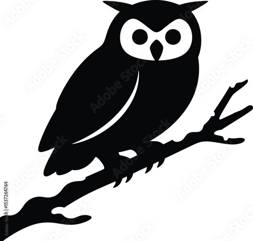 A silhouette of an owl perched on a branch with a white background creating a simple yet striking image