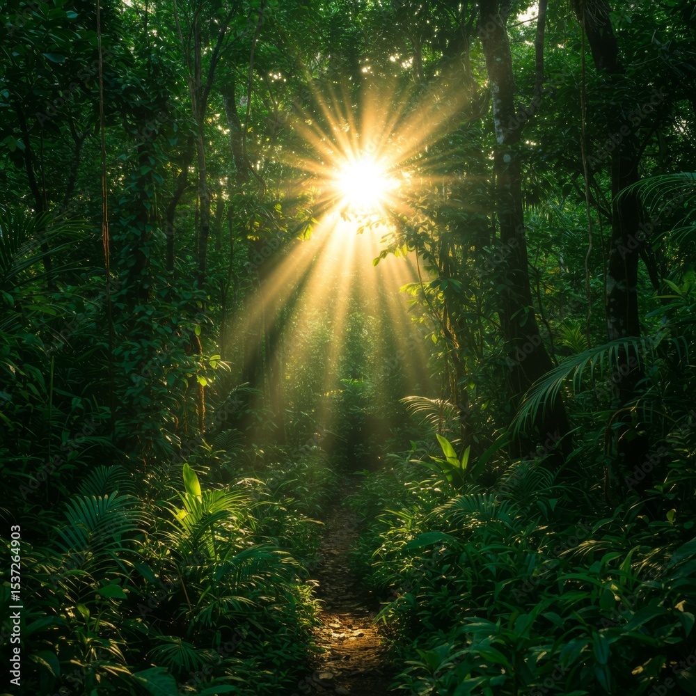 Fototapeta premium Sunbeams Illuminate Lush Green Tropical Forest Path