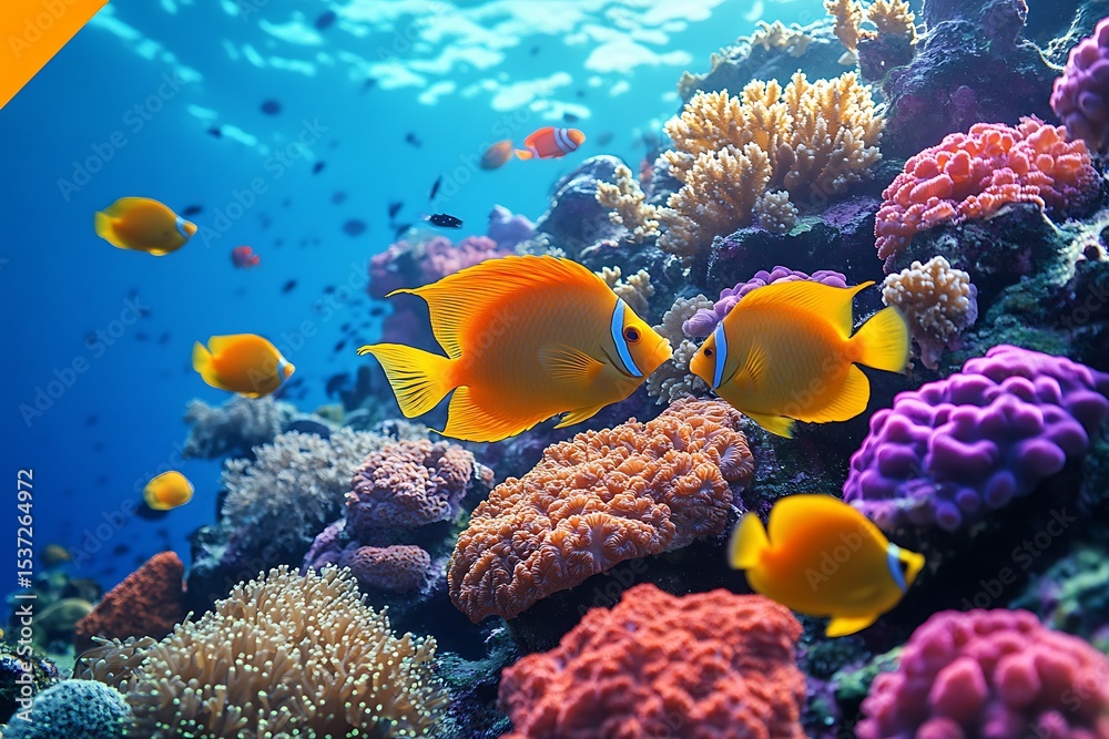 Naklejka premium Colorful Coral Reef Ecosystem with Golden Angelfish and Clownfish Swimming Underwater