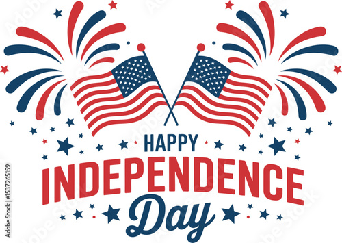 Illustration featuring american flags fireworks and happy independence day text design art
