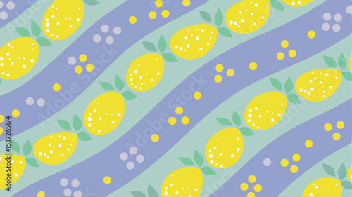 Repeating lemon pattern with wavy blue and green stripes and scattered yellow and gray dots on a light background
