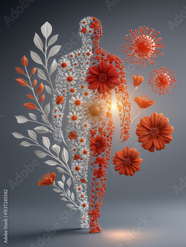 Human Body Wellness Concept: A symbolic representation of human well-being through vibrant flower imagery. This artwork visually contrasts the concept of health and illness.