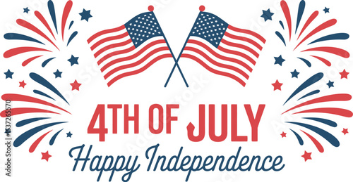 Fourth of july celebration with american flags, fireworks, and happy independence message art