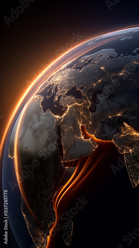 Global Sunrise: A breathtaking view of Earth from space, showcasing the vibrant sunrise illuminating the continents.  The image features a detailed depiction of landmasses and ocean currents.