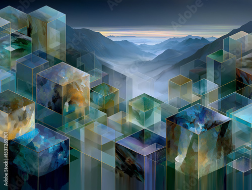 Geometric Serenity: An artistic image of transparent block forms atop a misty valley landscape. The blend of nature and geometric shapes evokes a sense of peace.