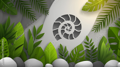 Nature's Emblem: An artistic paper cutout design integrates a captivating seashell form with a backdrop of lush greenery, conveying a serene environment, celebrating the beauty of nature.
