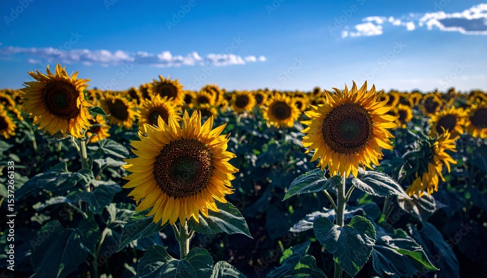 Fototapeta premium Sunny Field of Vibrant Yellow Sunflowers Under a Clear Blue Sky