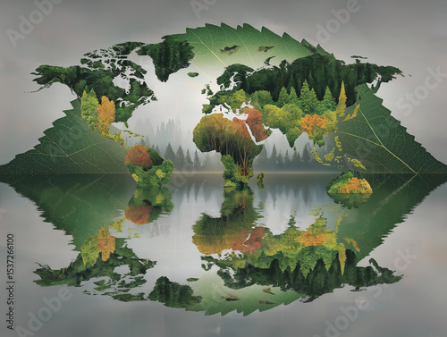 Green Planet: The world in leaf form reflects environmental stewardship, featuring an artistic collage, symbolizing interconnectedness, the importance of safeguarding our environment. 