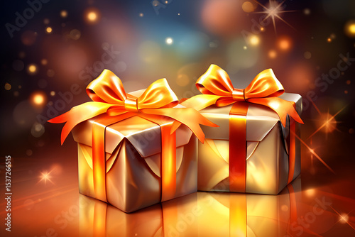 gift box with golden ribbon, Christmas Wallpaper Festive Night Scene with Generative AI Digital Illustration for the Holiday
