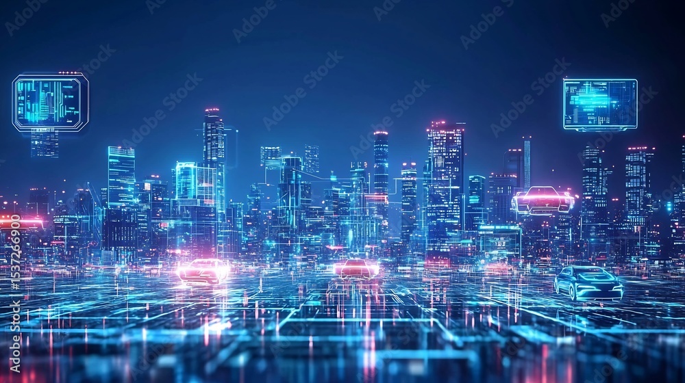 Obraz premium Glowing futuristic skyline with holograms and floating vehicles neon lights reflecting off metallic surfaces cinematic high tech metropolis