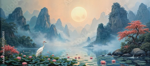 Chinese mountains, a graceful white crane in a lotus-filled river, lush blooms