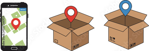 Package tracking app delivery service shipping logistics mobile gps location pin boxes cardboard online order editable stock vector illustration