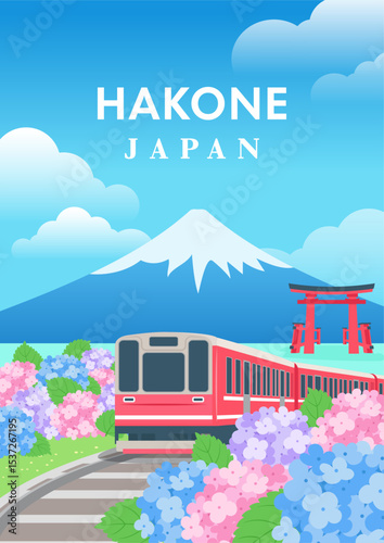 Hakone Japan Poster vector illustration. Railway line and hydrangea fields