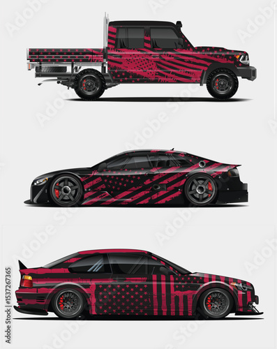 Patriotic American Flag Design on Three Race Cars