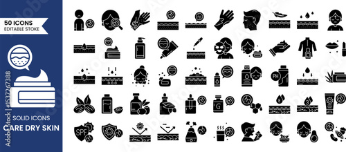Care dry skin icon set in solid style. Containing vitamin E, olive oil, sunscreen, collagen, serum drop and more. Vector illustration