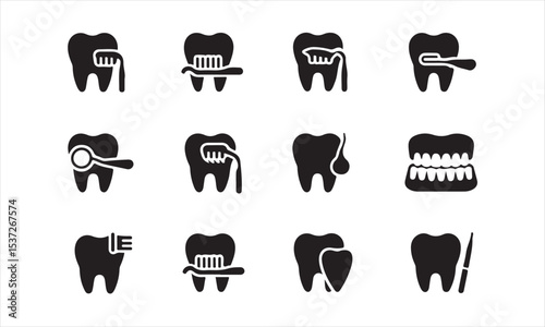 set of black and white icons depicts various dental care procedures and tools vector art on white