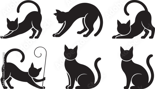 Six black cat silhouettes in various poses