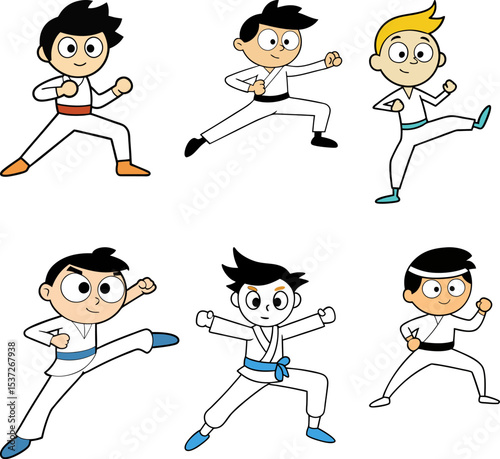 Vector set of cartoon characters practicing karate boys, funny school children clipart, funny artwork	