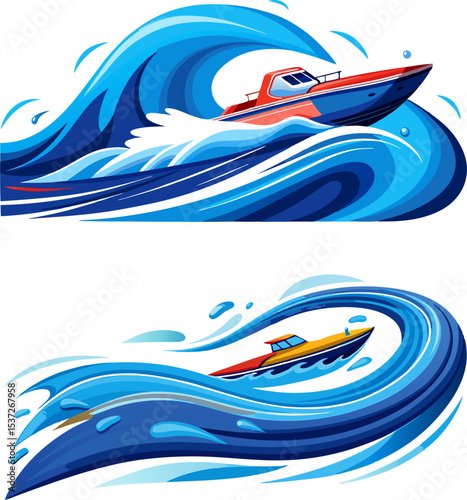 Vector illustration of boat, jet ski, and yacht for sea transport, isolated on white