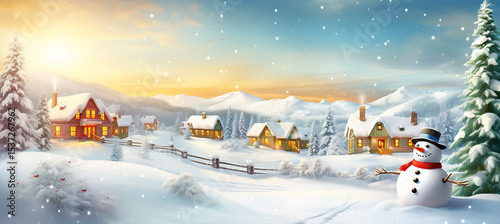 snowman and christmas tree, Christmas snow beautiful place house, Christmas snow christmas scavenger hunt vector art generated