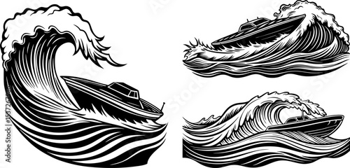 Hand-drawn vintage Vector silhouette of the boat, jet ski, and yacht for sea transport, isolated on a white background