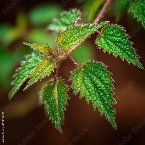 stinging nettle (Urtica dioica) leaves and stems covered with fine urticating hairs photo