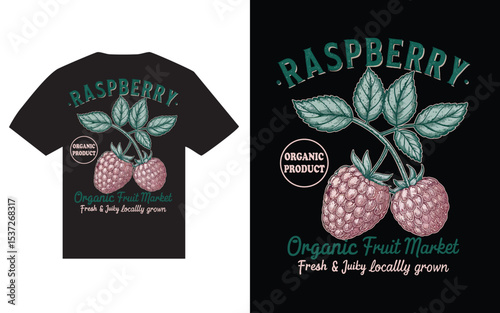 Organic raspberry fruit market t shirt design featuring fresh and juicy locally grown raspberries.