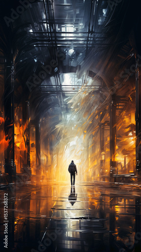 Lone traveler walking through surreal futuristic corridor. Abstract sci-fi scene with fiery orange and icy blue lighting. Symbolic journey of solitude and discovery. Digital concept art.