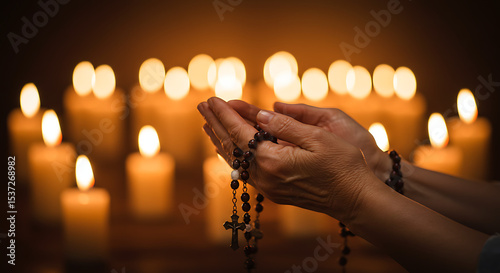 Quiet Reverence: A pair of hands delicately cradles a rosary, illuminated by the warm, flickering glow of multiple candles, capturing a moment of serene reflection and spiritual connection.