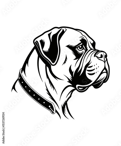 Boxer Dog Head Front View Black And White Two Colors Silhouette, template For Laser Engraving Or Stencil, Boxer dog clipart,  Boxer dog peeking silhouette vector, Line art drawing of Boxer dog's ink s