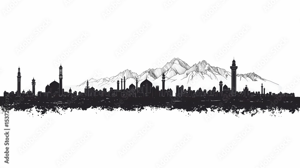 Obraz premium Silhouette of a city skyline with mountains in the background.