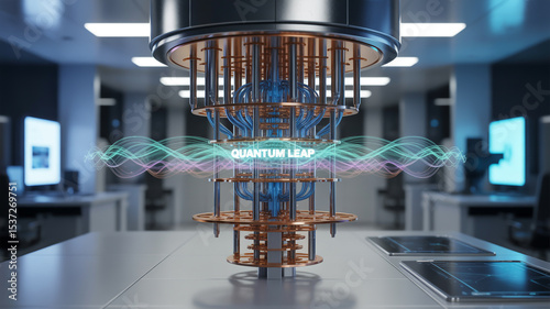 Quantum computing device with quantum leap text and laboratory background setting viewed in detail