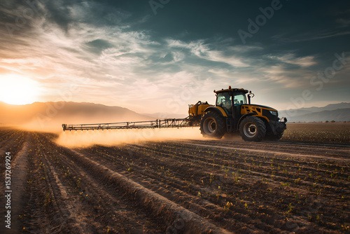 Modern Tractor Spraying Crops at Sunset Agricultural Technology