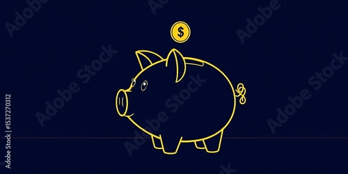 Line art illustration of a piggy bank with a dollar coin dropping into it,  minimal,  prosperity
