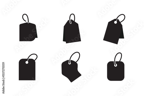 Six different black price tags with loops