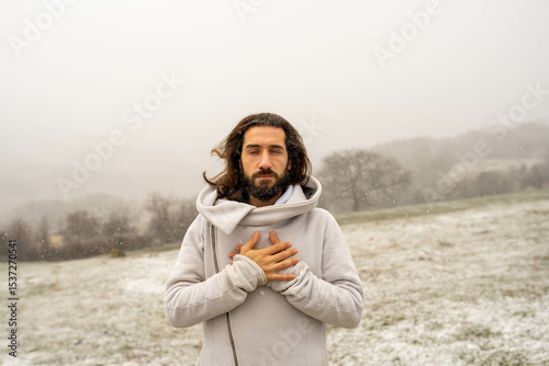 man in the  snow field