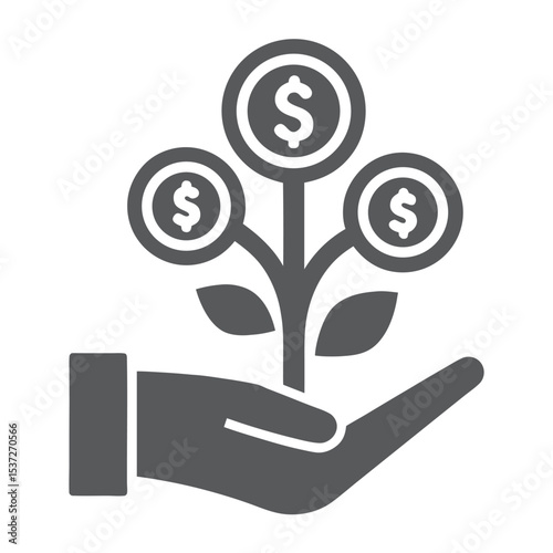 Gray Hand Holding a Money Tree with Three Dollar Coins Growing from it 1