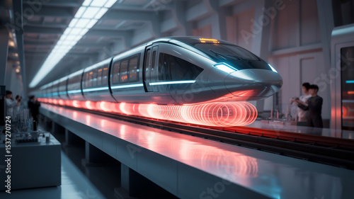 Futuristic maglev train levitating on a track with glowing red circles in a modern station interior