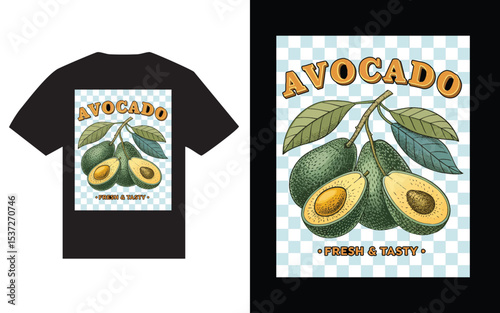 Retro avocado t shirt design with whole and halved avocados on branch.