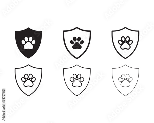 Paw print shield icons set black and white variations