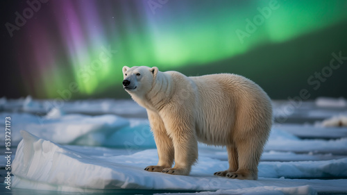 A polar bear standing on ice floes under the aurora borealis in the arctic landscape scene