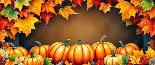 Vibrant watercolor autumn leaves & pumpkins forming a trunk-or-treat background,  seasonal,  october