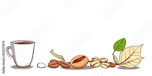 Whimsical coffee cup, bean, and leaf sketches in varying line weights and shading,  latte,  monochrome