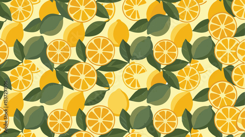 A repeating pattern of lemons limes lemon slices and green leaves on a pale yellow background surface design