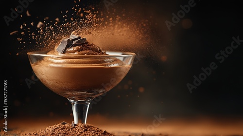 Rich chocolate mousse, topped with shavings, explodes with cocoa pow