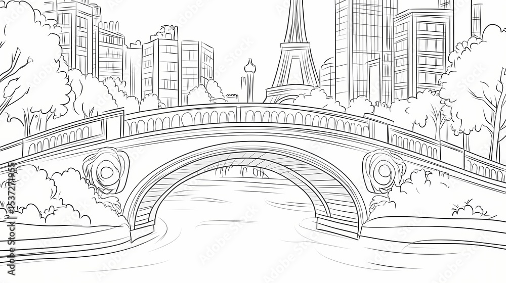 Fototapeta premium Cityscape sketch with a bridge over a waterway.